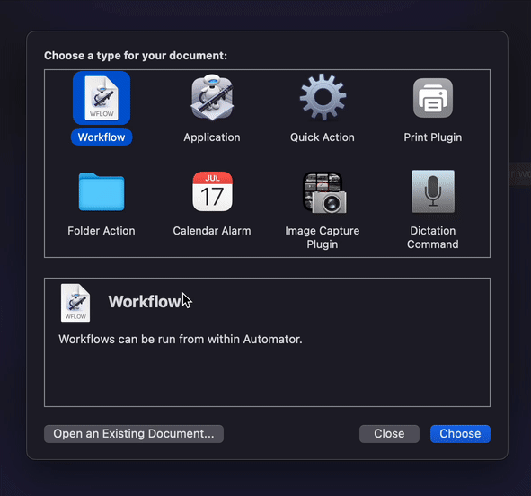 Screen recording of the create new document dialog in Automator in macOS and
clicking create new folder
action